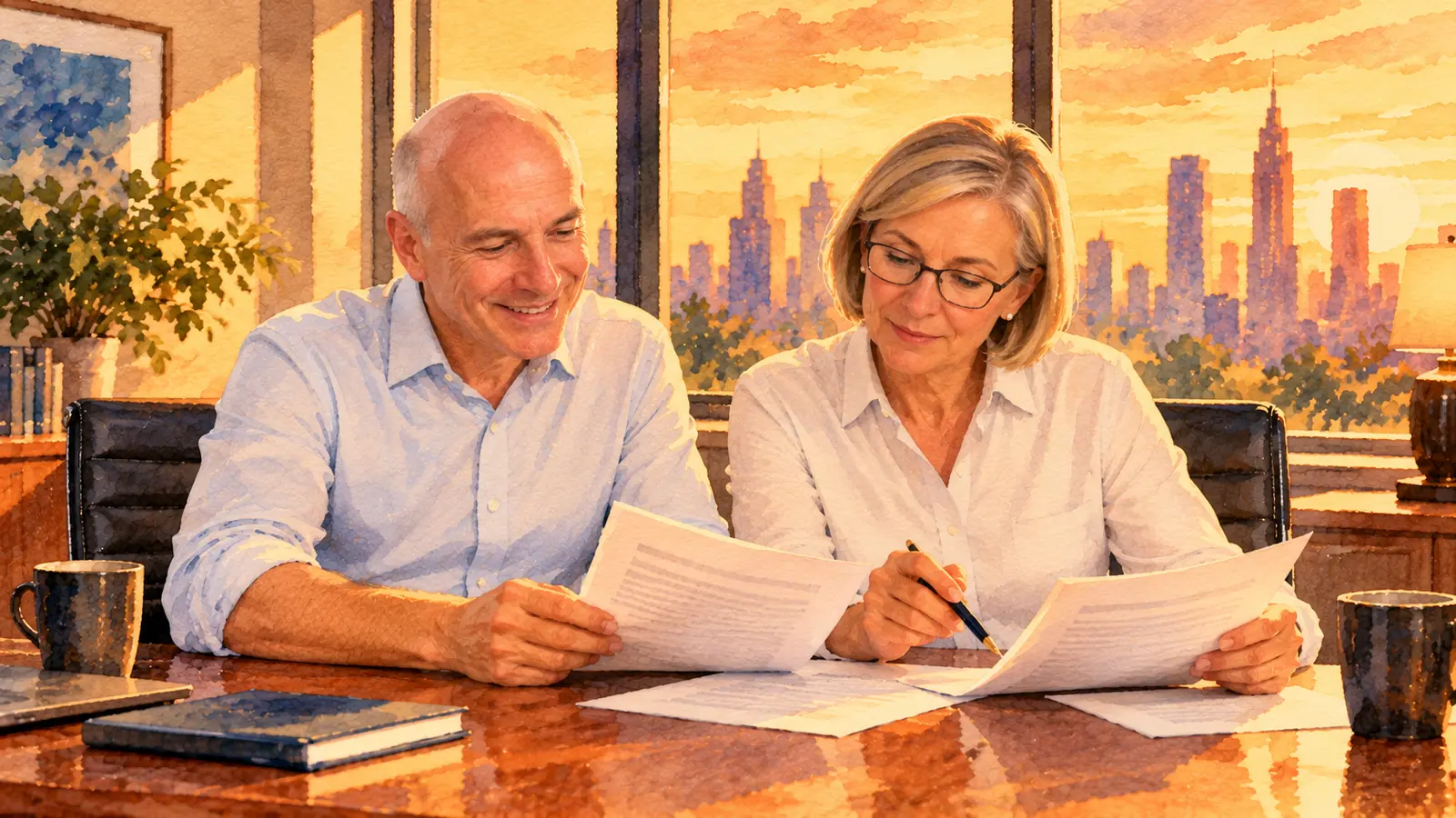 Watercolour of two executives in business casual, a bald man in a light blue shirt and a woman with glasses, reading printed questionnaire pages together at a wooden desk, her pen resting on one question, a city skyline at golden hour in the window.