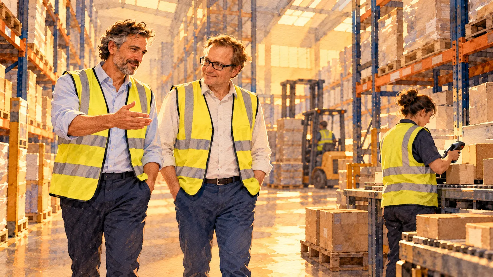 Watercolour of Isard Haasakker in glasses and a white shirt walking down a warehouse aisle with a programme lead with curly grey hair and a short beard, both in hi-vis vests, between tall pallet racking in warm light. The programme lead gestures as he explains; an operative scans boxes at a packing station and a forklift waits in the background.