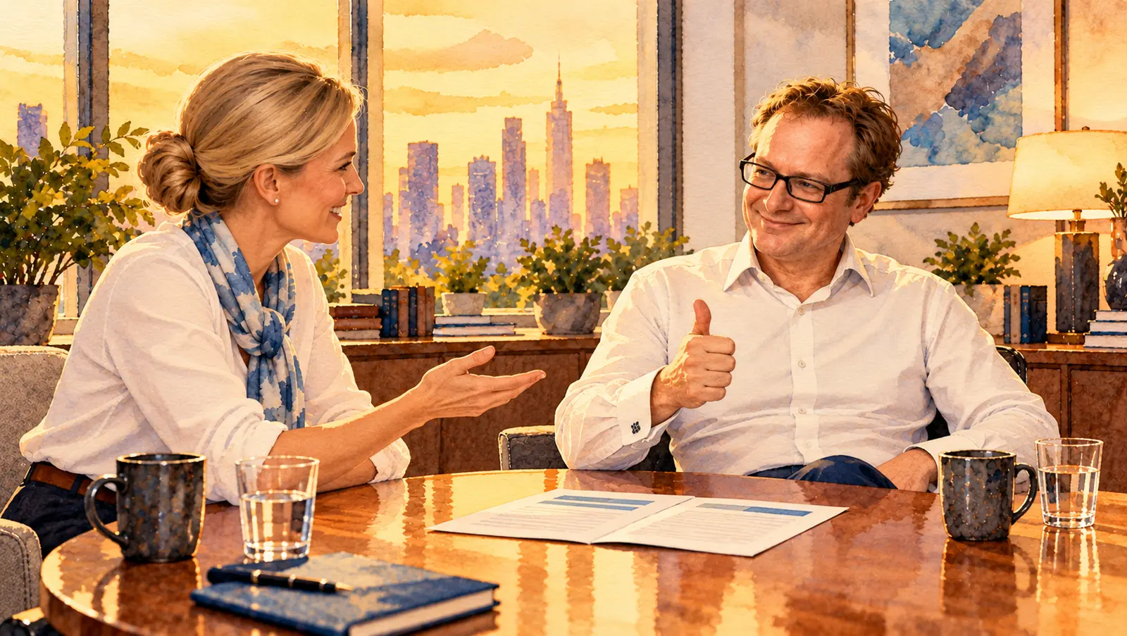 Watercolour of a woman in a blue-and-white scarf making a request across a round table to Isard Haasakker, who smiles with his thumb raised, a short document between them, a city skyline at golden hour in the window.