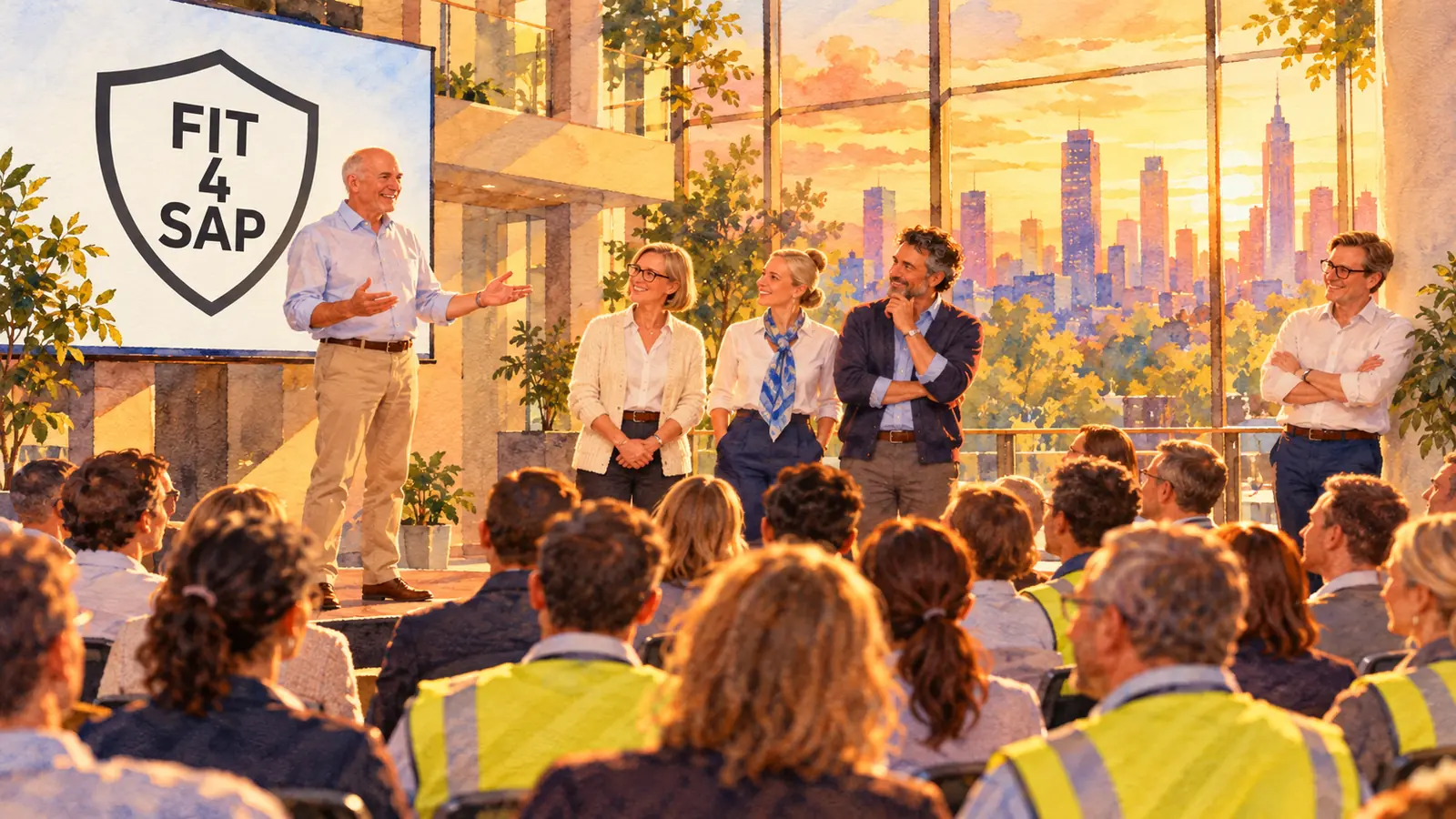 Watercolour of a company town hall: a bald executive on a low stage speaks to a crowd of office and warehouse staff, some in hi-vis vests, in front of a large screen showing the FIT 4 SAP shield logo. Three managers stand beside him and Isard Haasakker listens at the side, a city skyline at golden hour through tall windows.