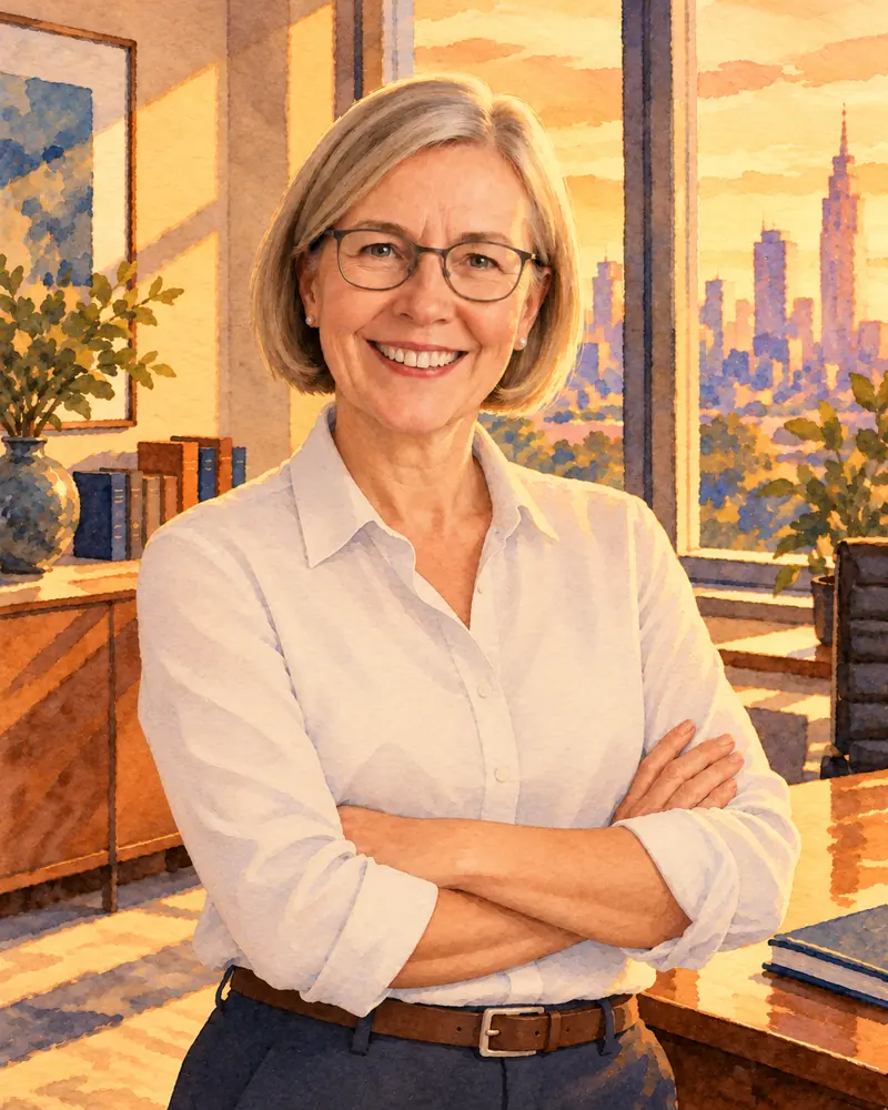 Watercolour illustration: a smiling manager with a grey-blonde bob and glasses, arms folded, in an open-necked white shirt and navy trousers, standing in an office with a city skyline at sunset behind her.