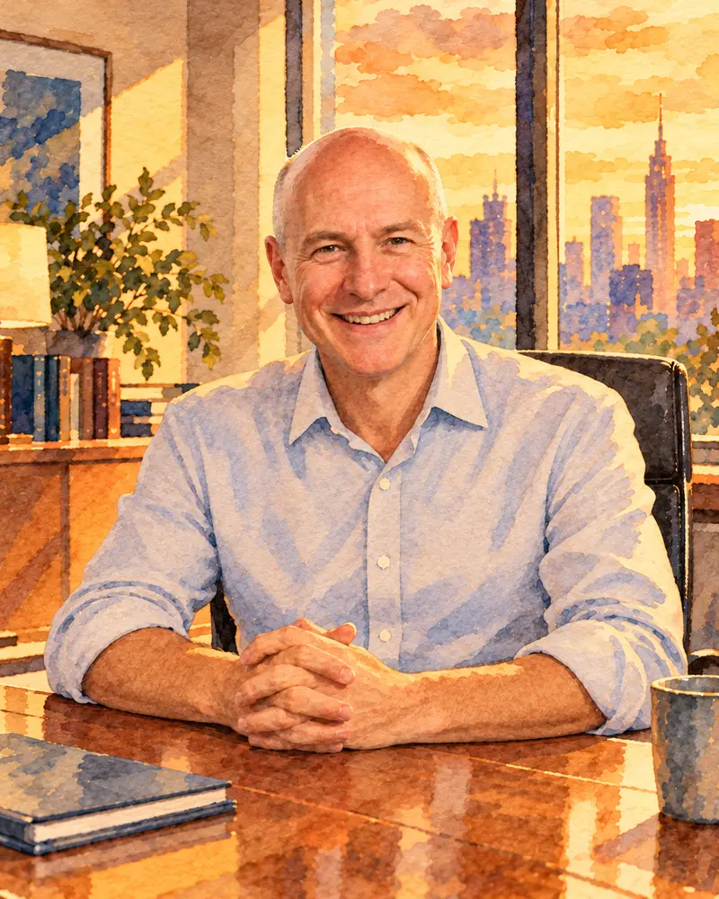 Watercolour illustration: a smiling bald manager in an open-necked light blue shirt, sleeves rolled up, seated at a polished desk with his hands clasped, a city skyline at sunset in the window behind him.